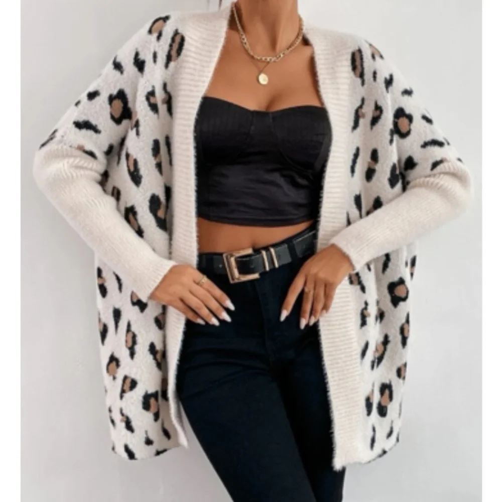 Boho leopard print open front cardigan